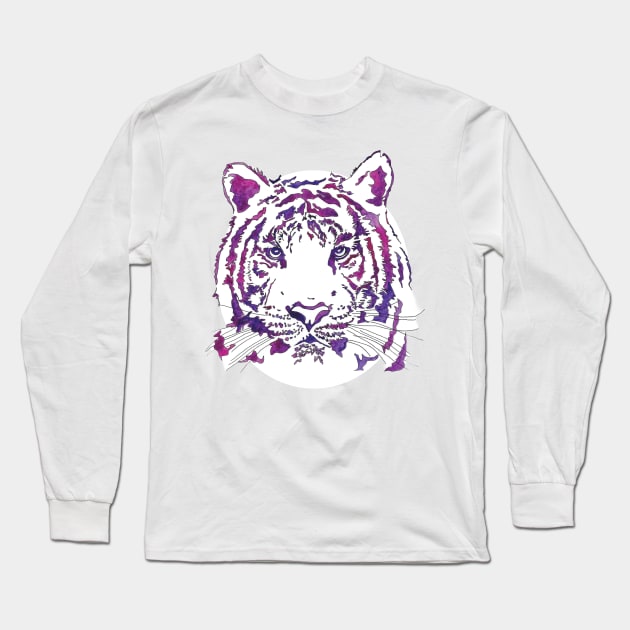 White Tiger Watercolor Purple Long Sleeve T-Shirt by HotPinkStudio.Me